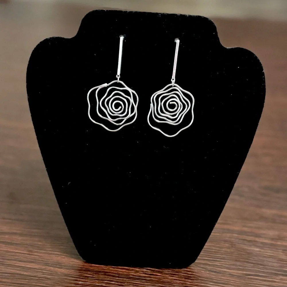 Silver Rose Wire Drop Earrings | Minimalist Statement Floral Dangle| Lightweight - Picture 2 of 5